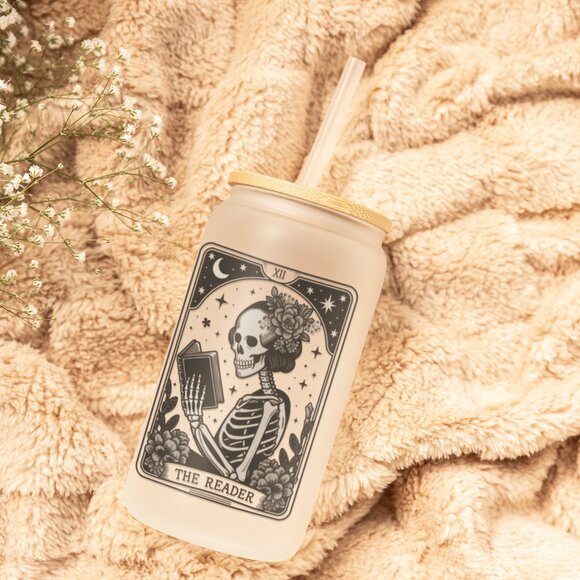 The Reader, Tarot Card Tumbler, Gothic, Skeleton Iced Coffee Cup, Witchy, Pagan - Picture 6 of 7